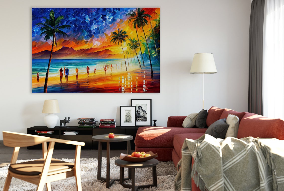 Hawaii Tropical Beach Sunset Palm Trees Beachgoers Island Poster - Image 3