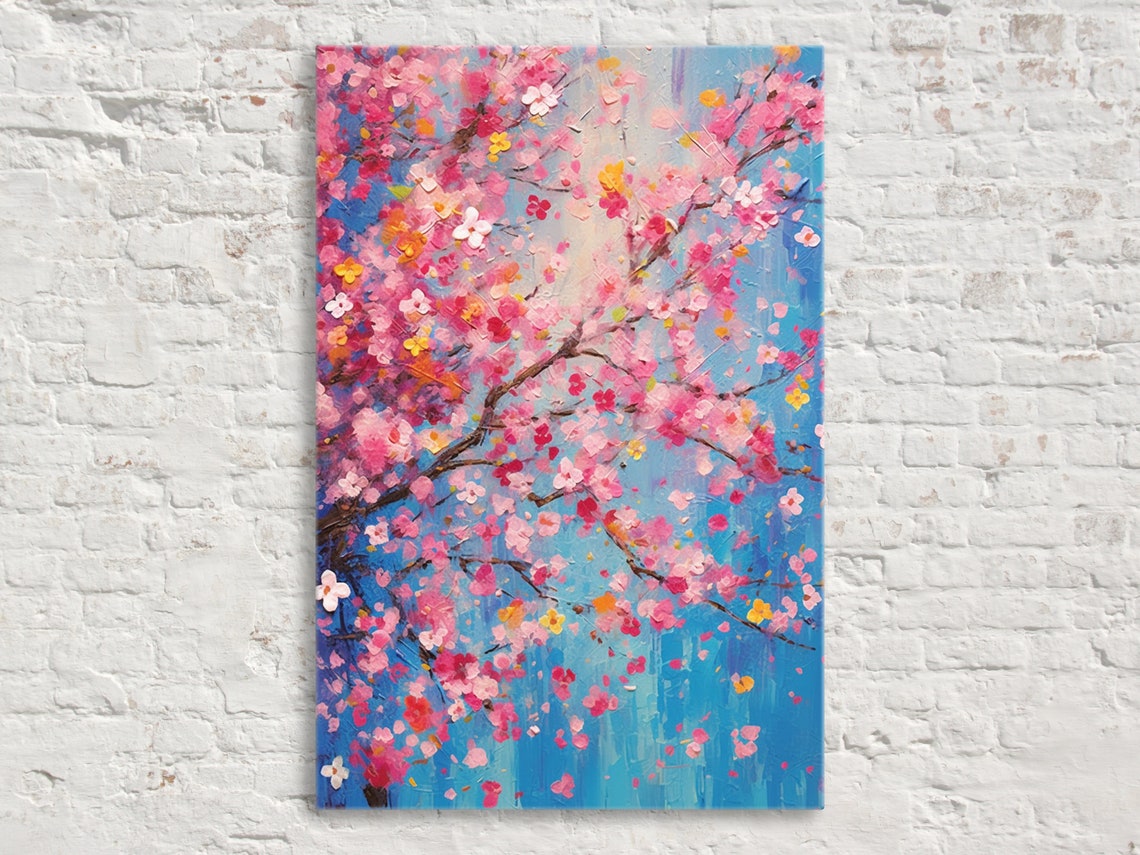 Pink Cherry Blossom Branches Blue Sky Impasto Spring Floral Poster