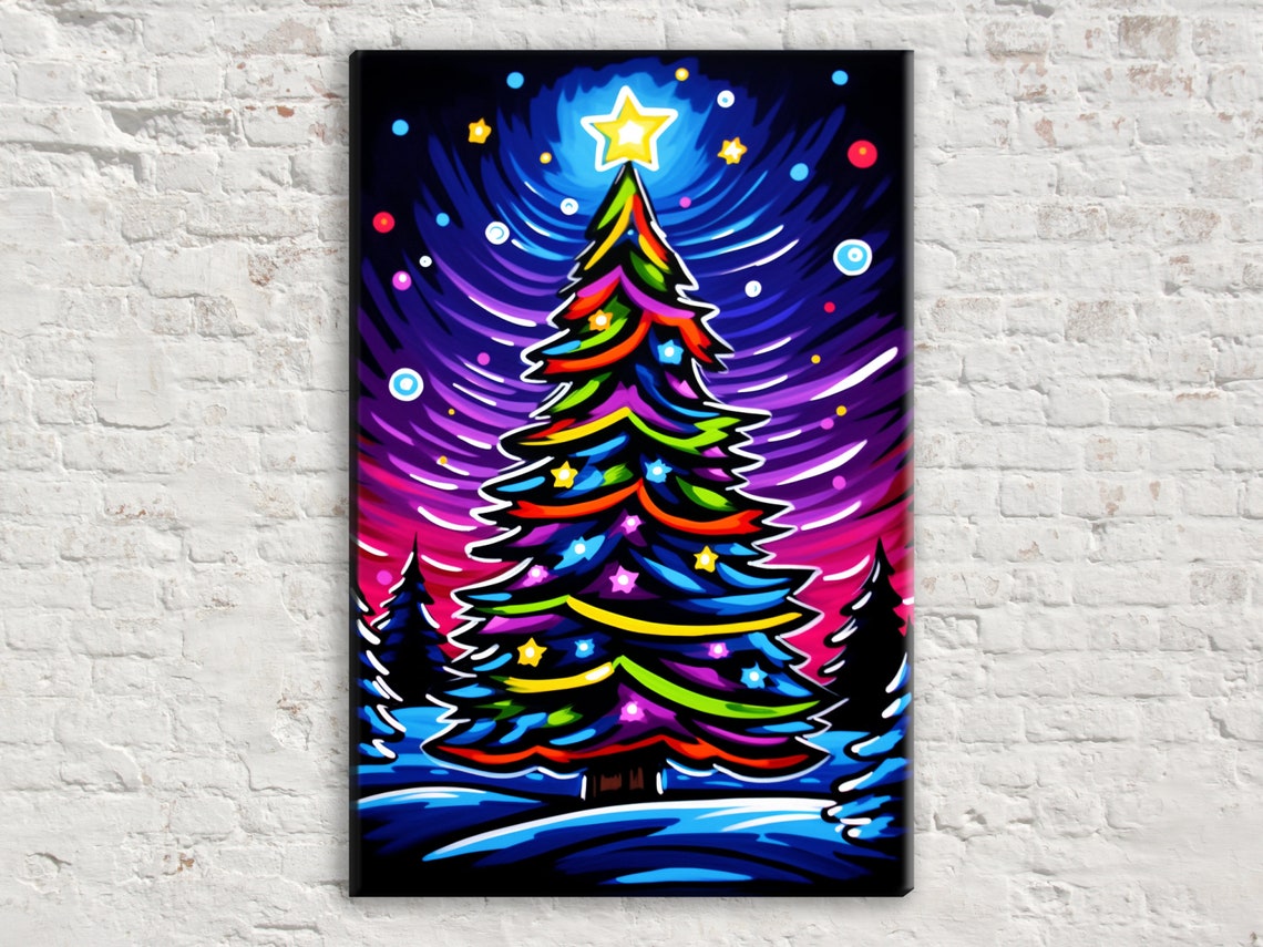 Neon Pop Art Christmas Tree Rainbow Star Swirling Night Sky Art Poster