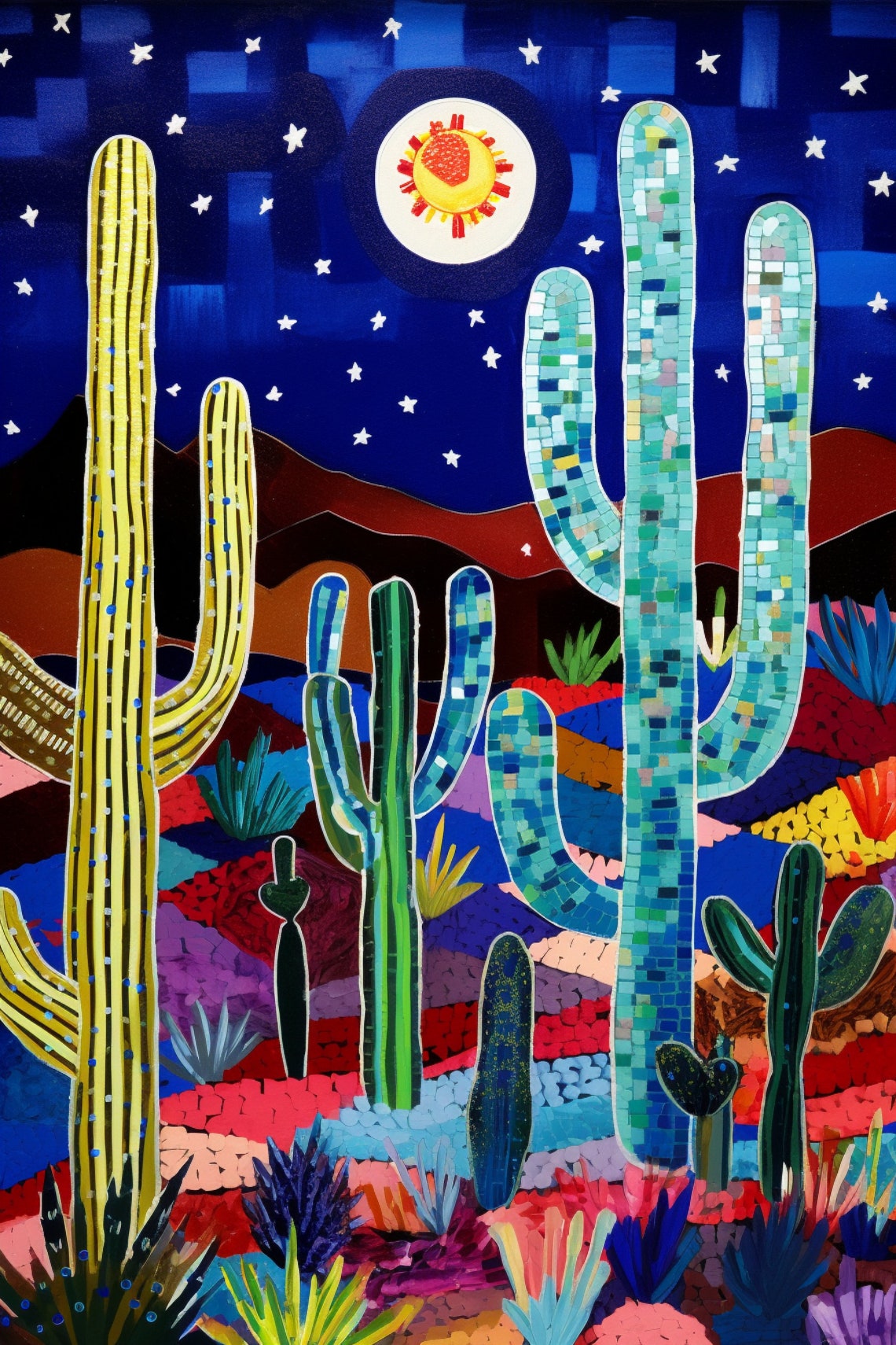 Starry Desert Night Moon Mosaic Cactus Colorful Southwest Poster - Image 5