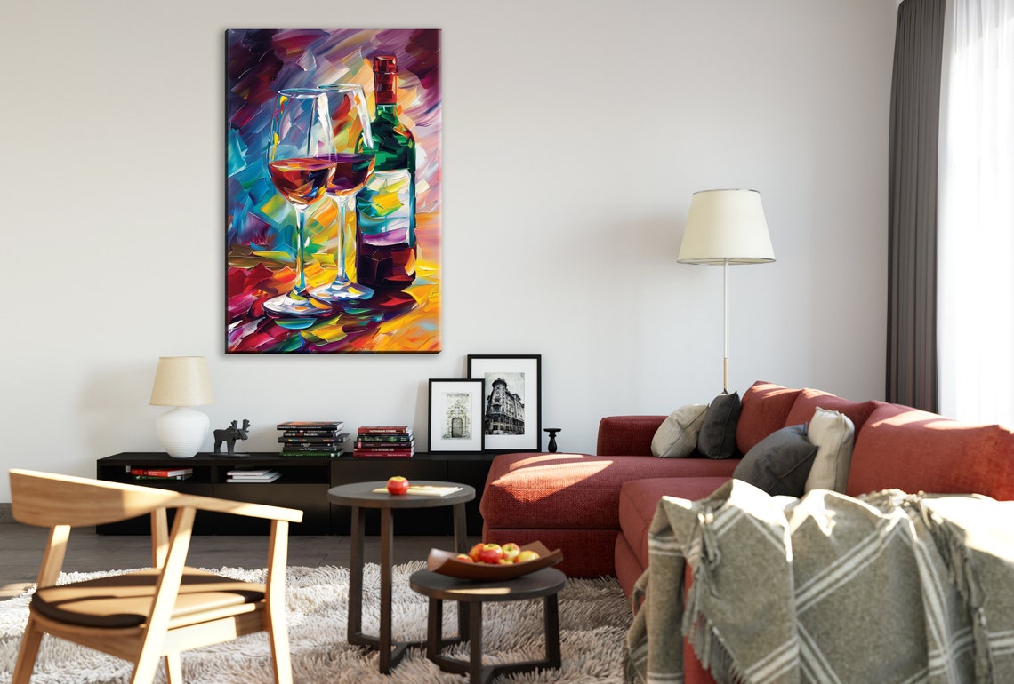 Abstract Red Wine Bottle Two Glasses Colorful Impasto Kitchen Poster - Image 4