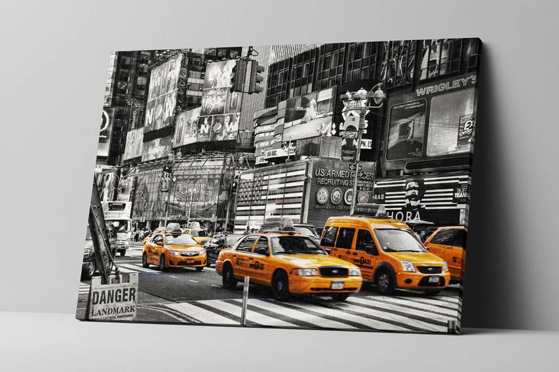 Times Square Yellow Taxis Billboards Black White City Poster - Image 2