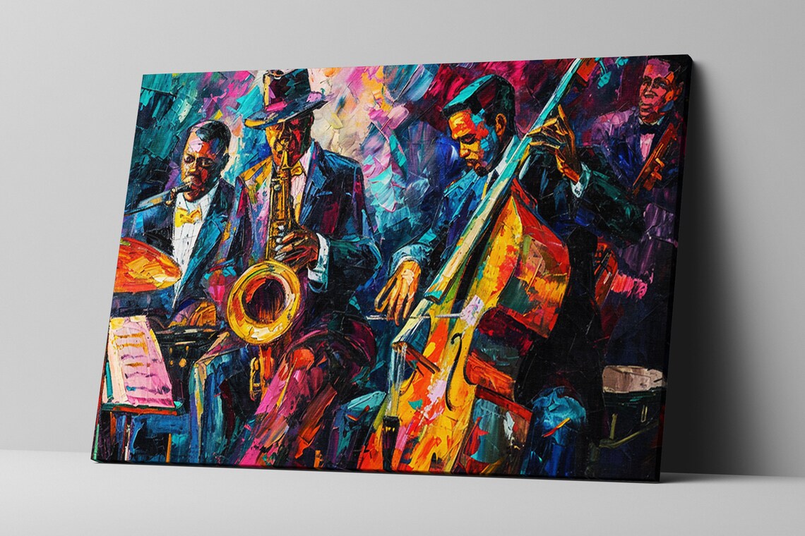 Colorful Jazz Ensemble Saxophone Double Bass Palette Knife Music Art Print - Image 5