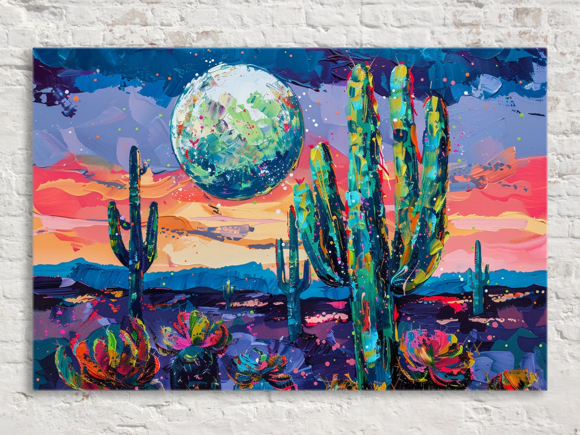 Desert Moonrise Saguaro Cactus Colorful Twilight Impasto Poster