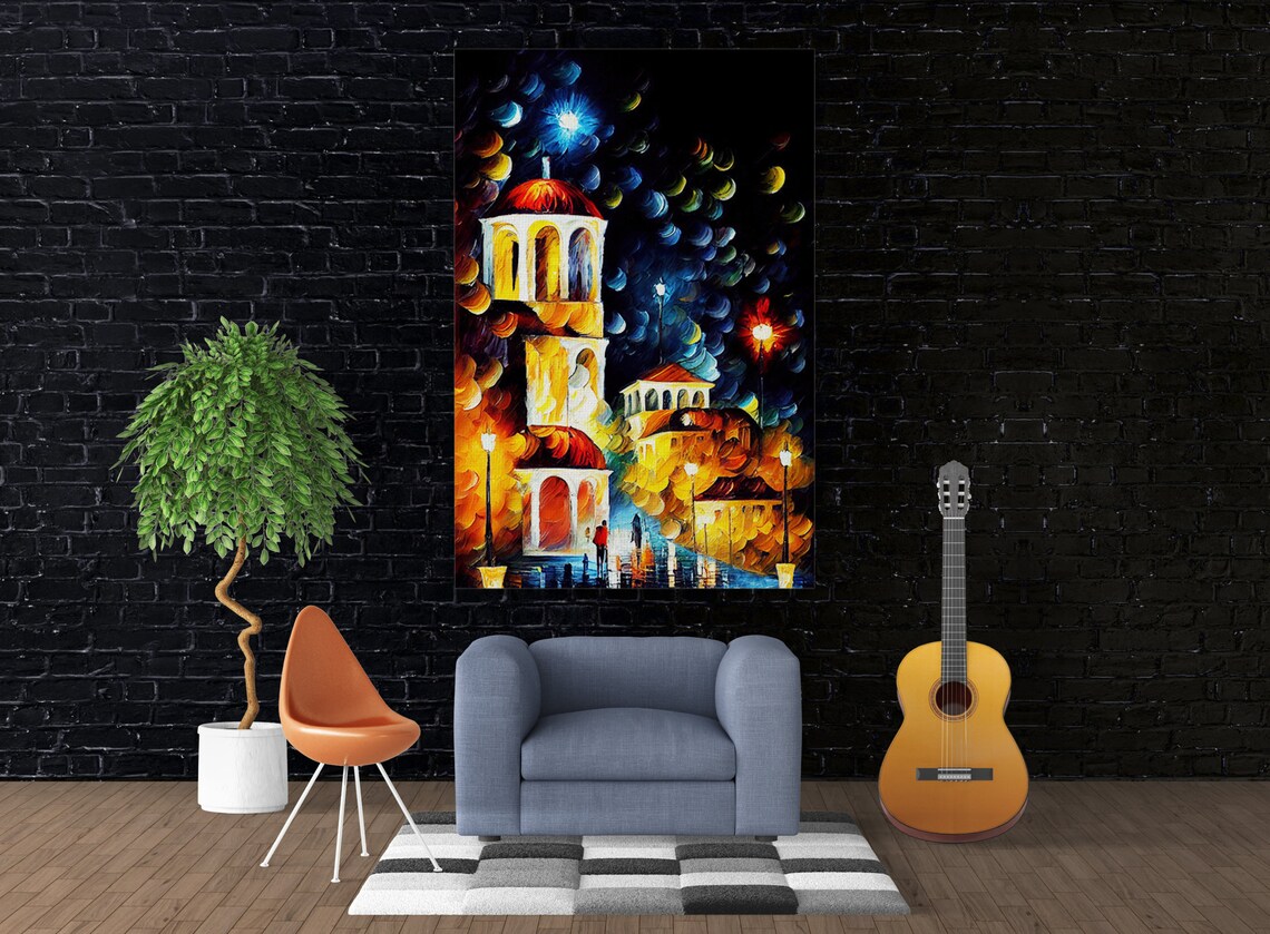 Athens Greece Night Old Church Bell Tower Lamp Lit Street Poster - Image 3