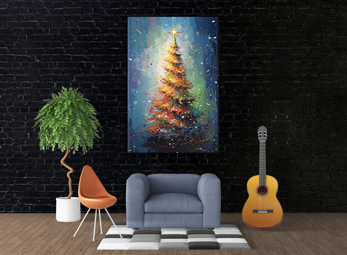 Festive Golden Christmas Tree Blue Night Starry Sky Painting Art Print - Image 4
