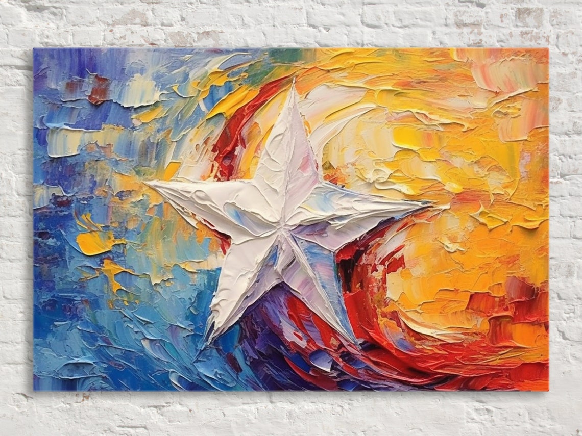 Abstract Texas Lone Star Flag Palette Knife Blue Gold Red Wall Art