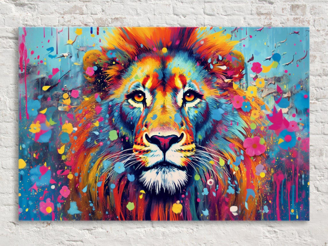 Majestic Colorful Lion Portrait Rainbow Mane Floral Pop Art Poster