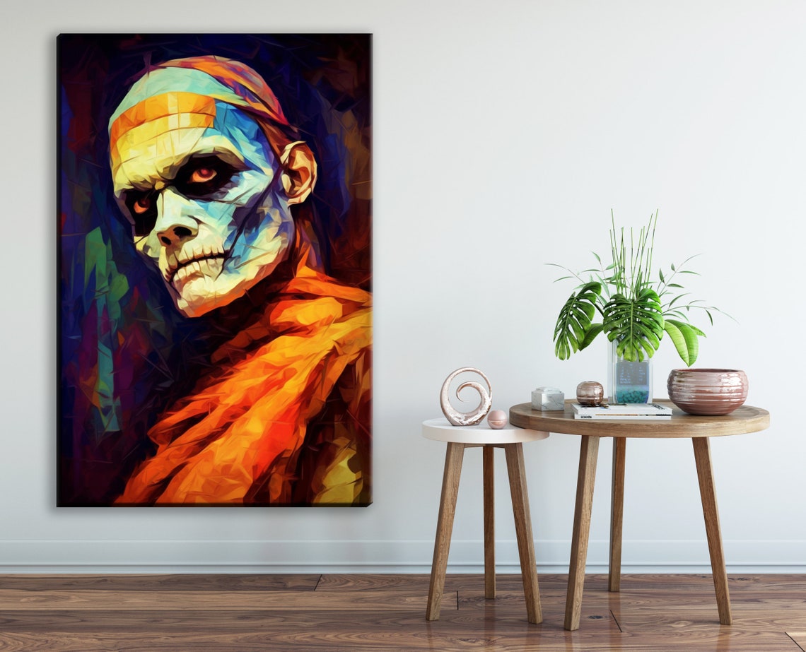 Scary Mummy Portrait Glowing Red Eyes Geometric Oil Painting Art Print - Image 2
