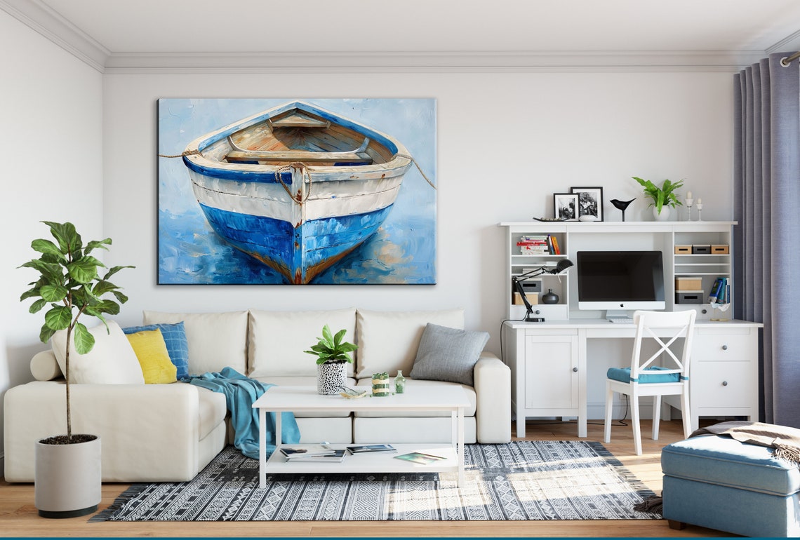 Tranquil Waters Rustic Blue Wooden Boat Print Giclee Print On Gallery Wrapped Artist Available In Extra Large Sizes - Image 2