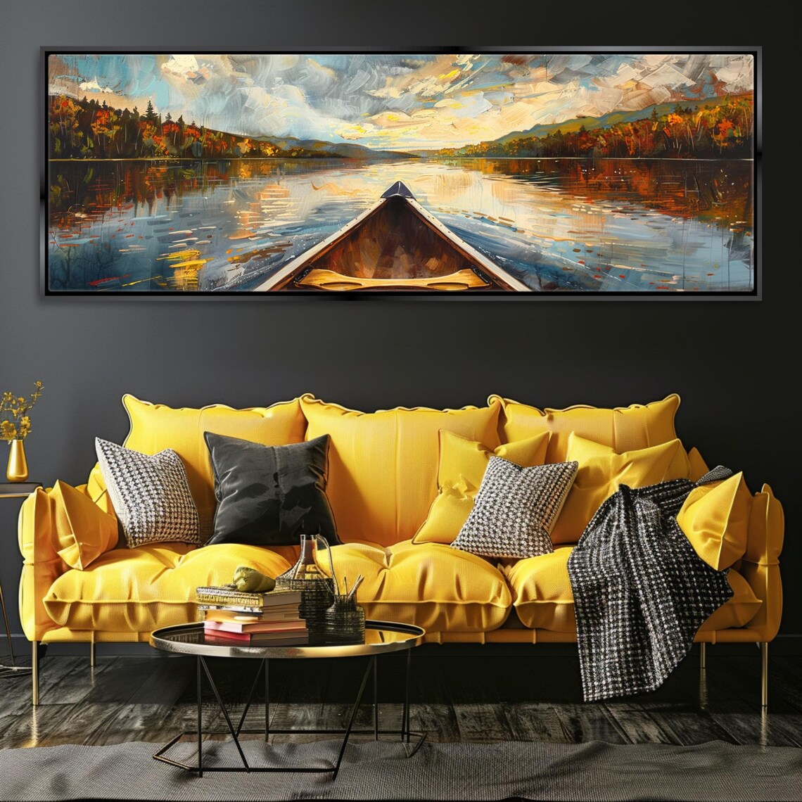 Canoe on River, Lakehouse Landscape Art Print - Image 4