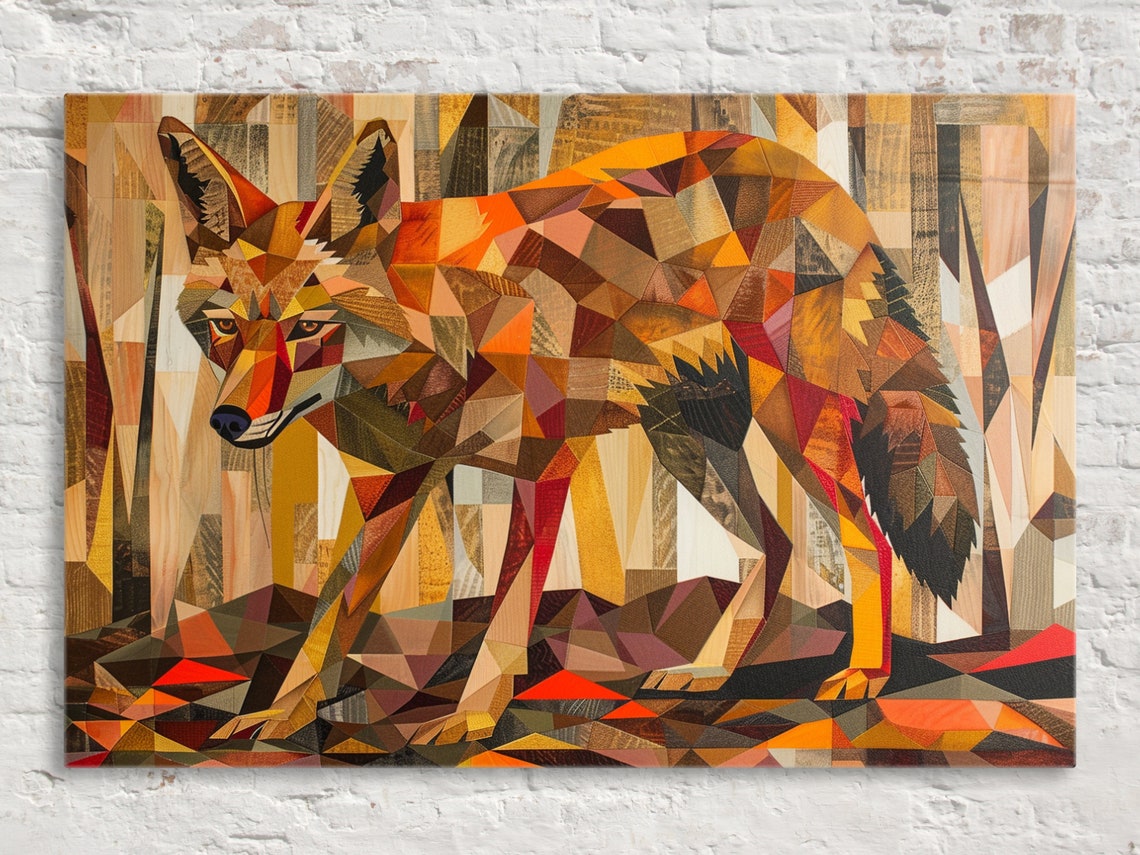 Geometric Low Poly Coyote Walking Forest Warm Orange Brown Art Poster