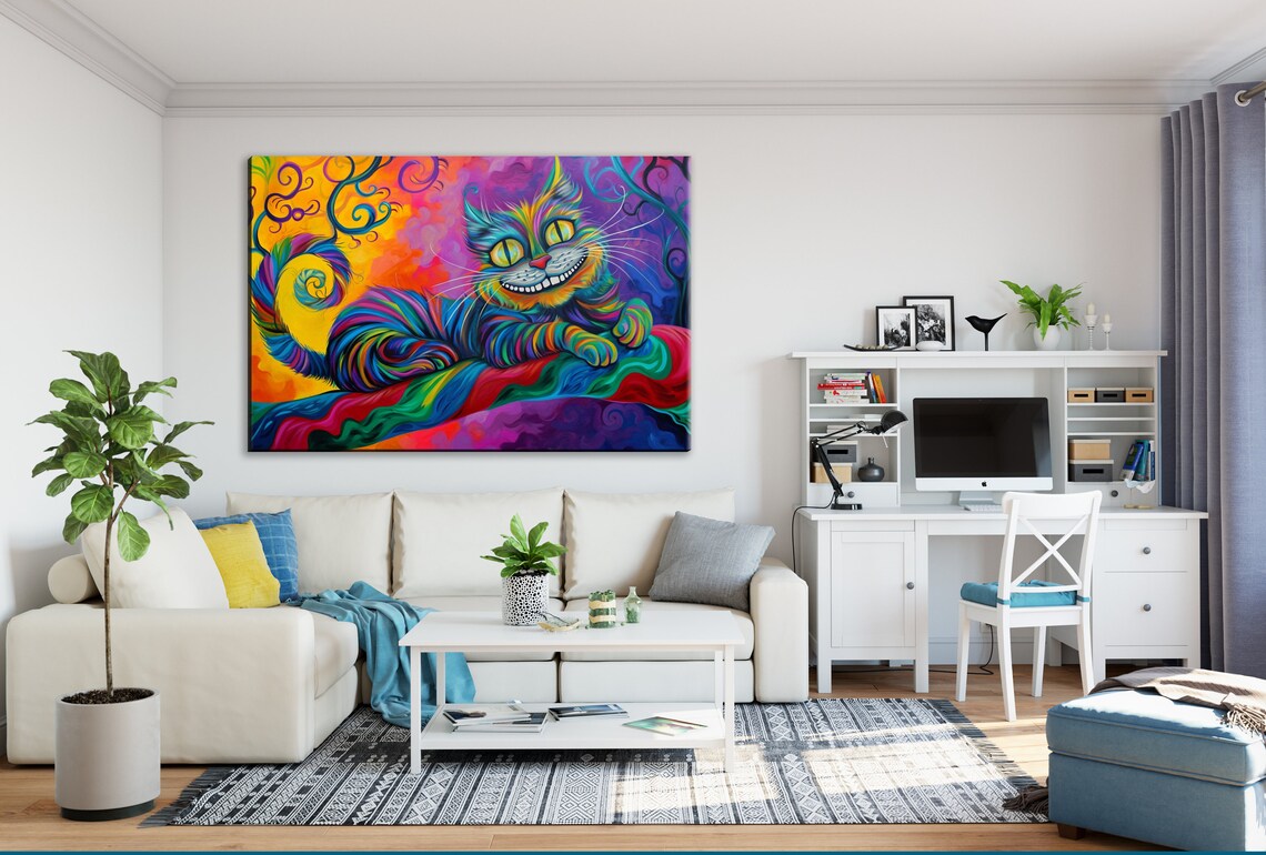 Colorful Cheshire Cat Lounging Swirling Wonderland Branch Fantasy Art Poster - Image 4