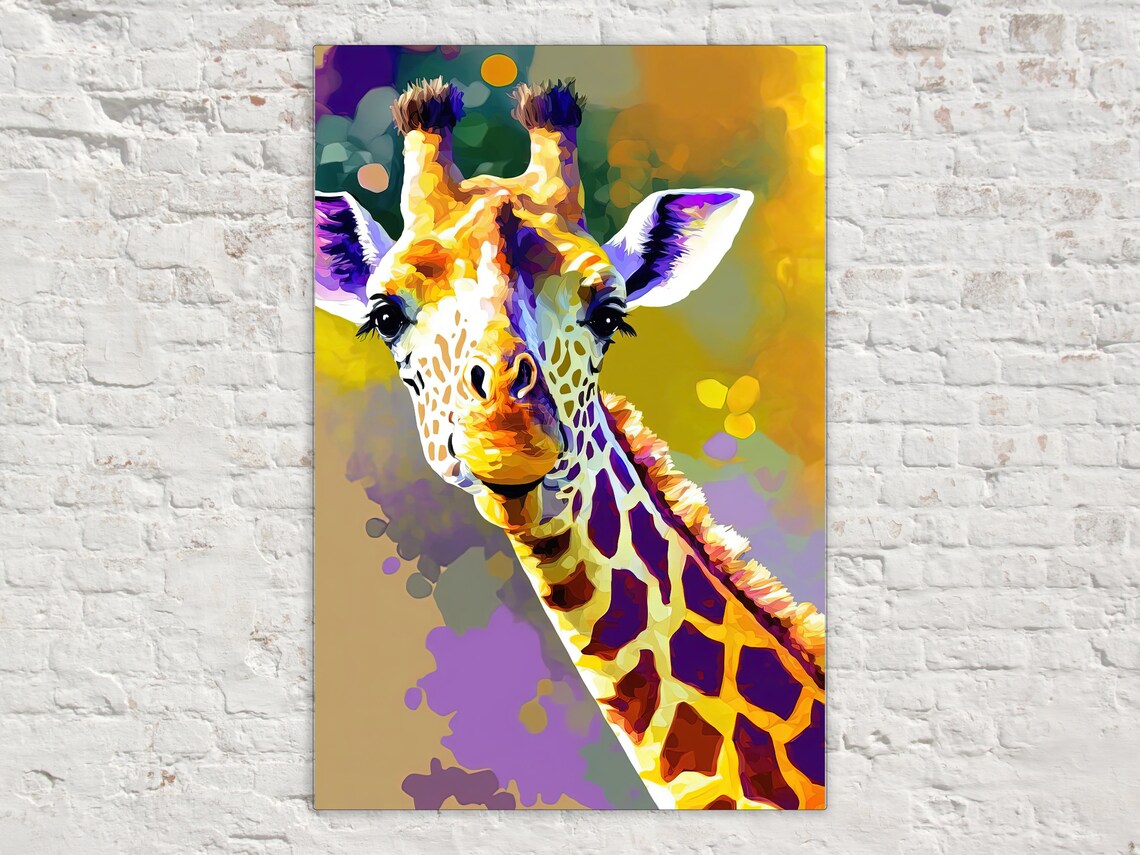Giraffe Portrait Golden Yellow Purple Watercolor Style Animal Poster