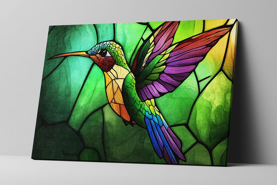 Stained Glass Style Hummingbird In Flight Green Background Bird Poster - Image 3