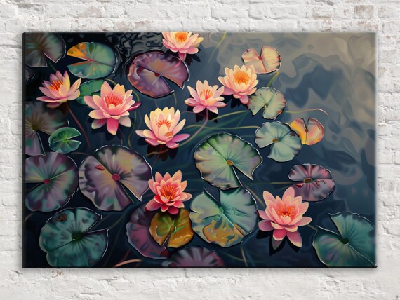 Pink Water Lilies on Dark Pond Realistic Botanical Floral Art Poster