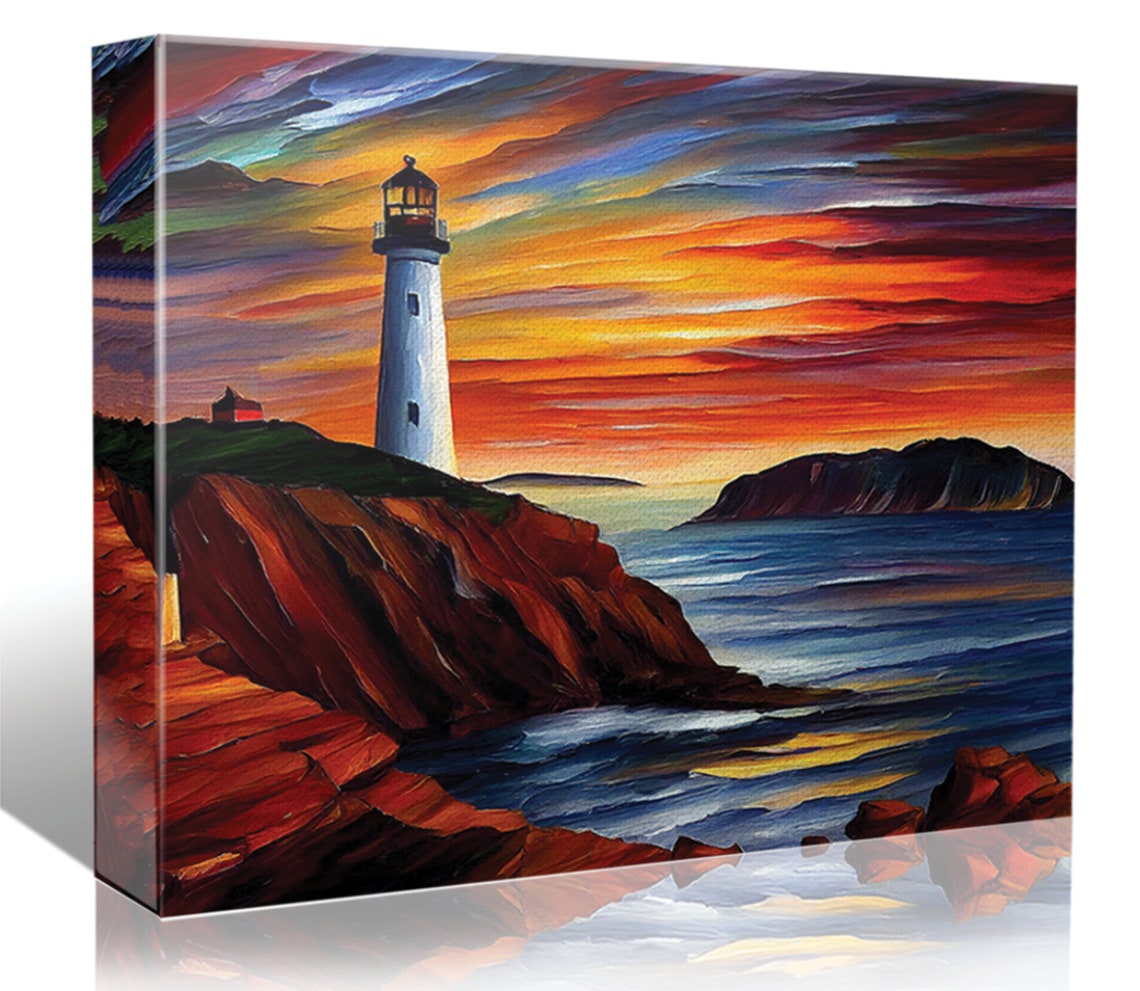 Lighthouse on Red Cliffs at Sunset Dramatic Ocean Coast View Poster - Image 5