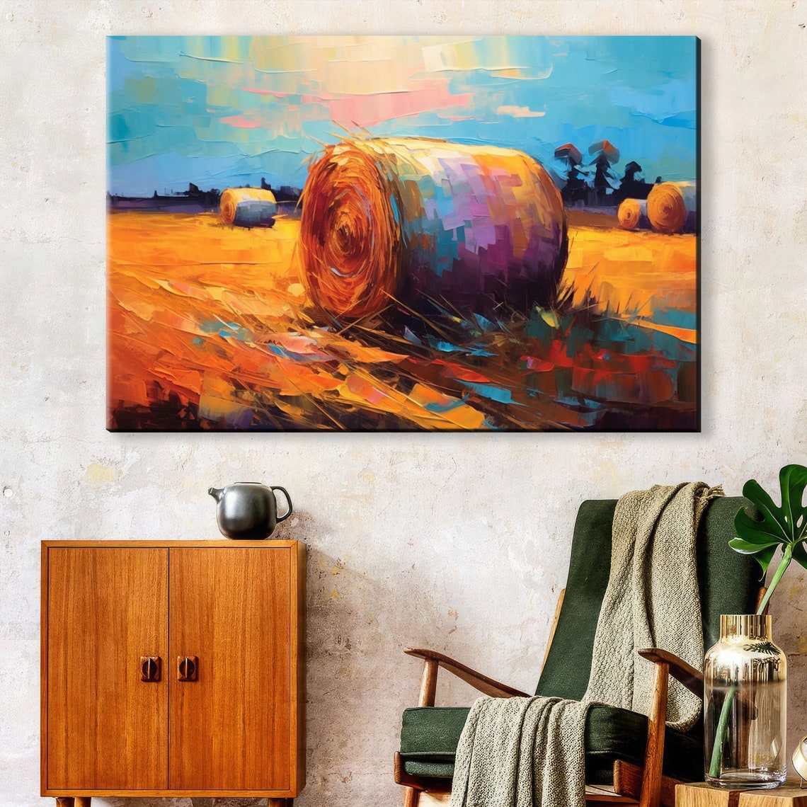 Golden Autumn Hay Bale Harvest Field Blue Sky Impressionist Poster - Image 3