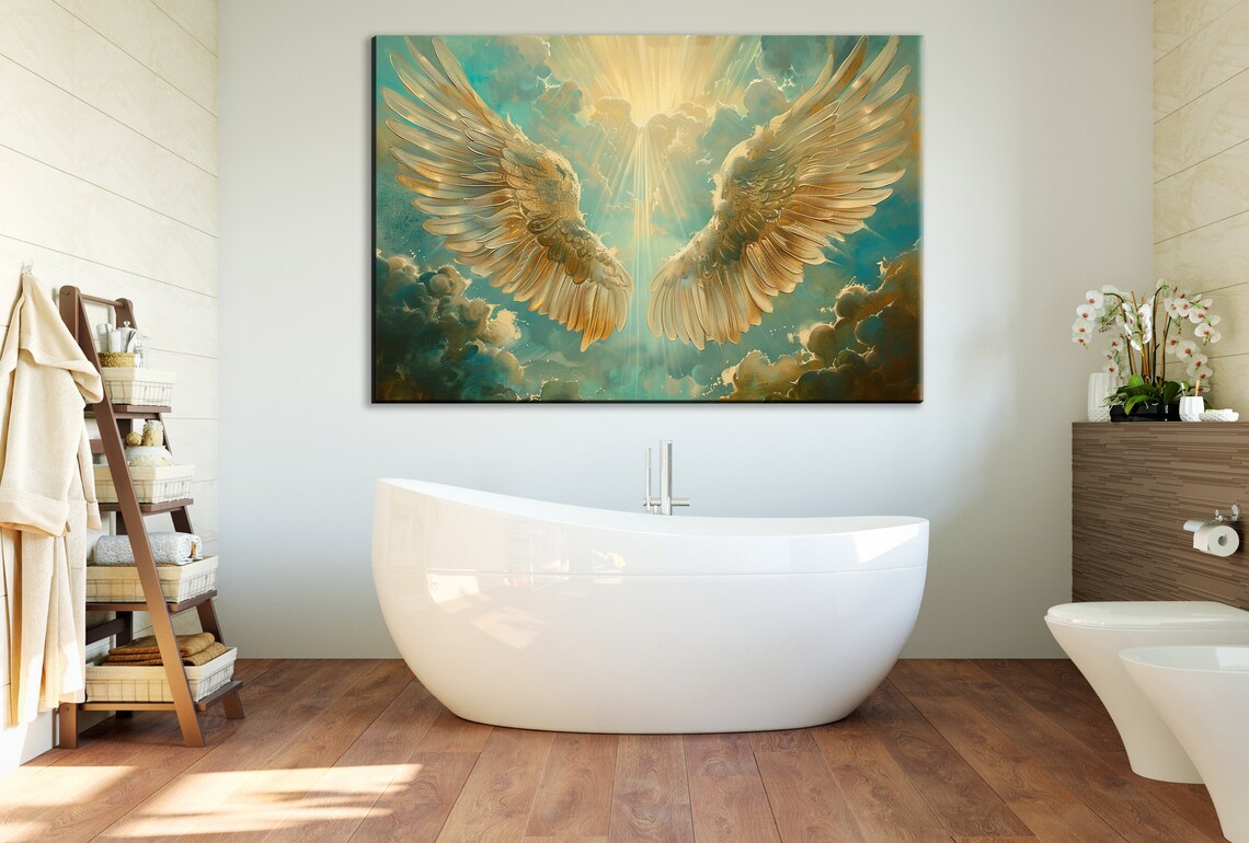 Golden Angel Wings Heavenly Sunbeam Teal Clouds Divine Art Poster - Image 2