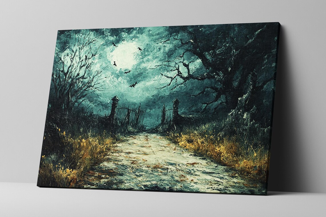 Eerie Moonlit Graveyard Gate Foggy Night Bats Spooky Halloween Wall Art - Image 2