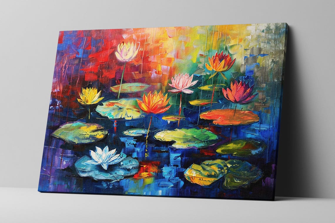 Colorful Water Lilies Monet Inspired Art Gicle Print On Gallery Wrapped Artist Ready To Hang Available In Extra Large Sizes - Image 3