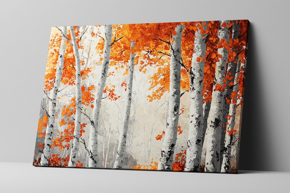 Serene Fall Birch Trees Print Orange And White Framed Or Unframed Gallery Wrapped Gicle Ready To Hang Extra Large Wall Art - Image 2