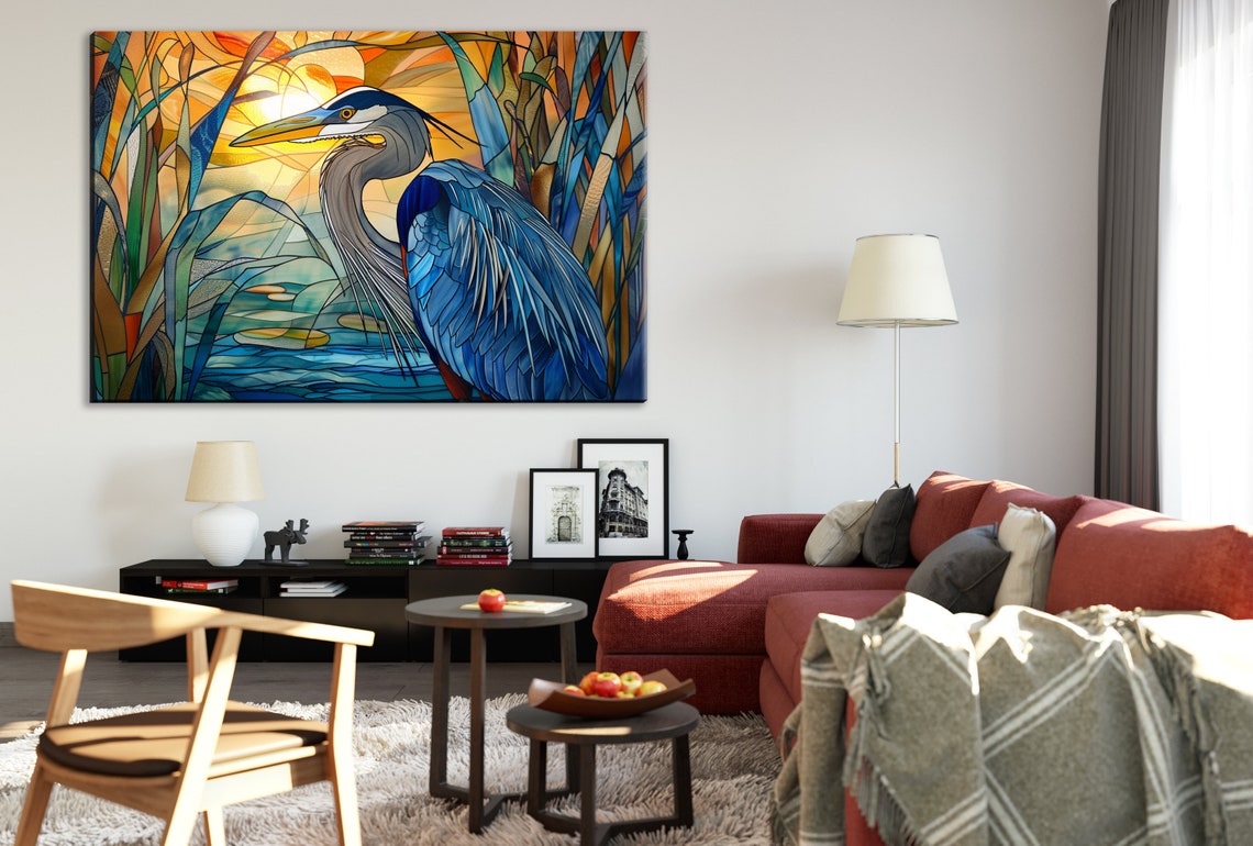 Blue Heron Stained Glass Golden Sunrise Close Up Wildlife Poster - Image 2