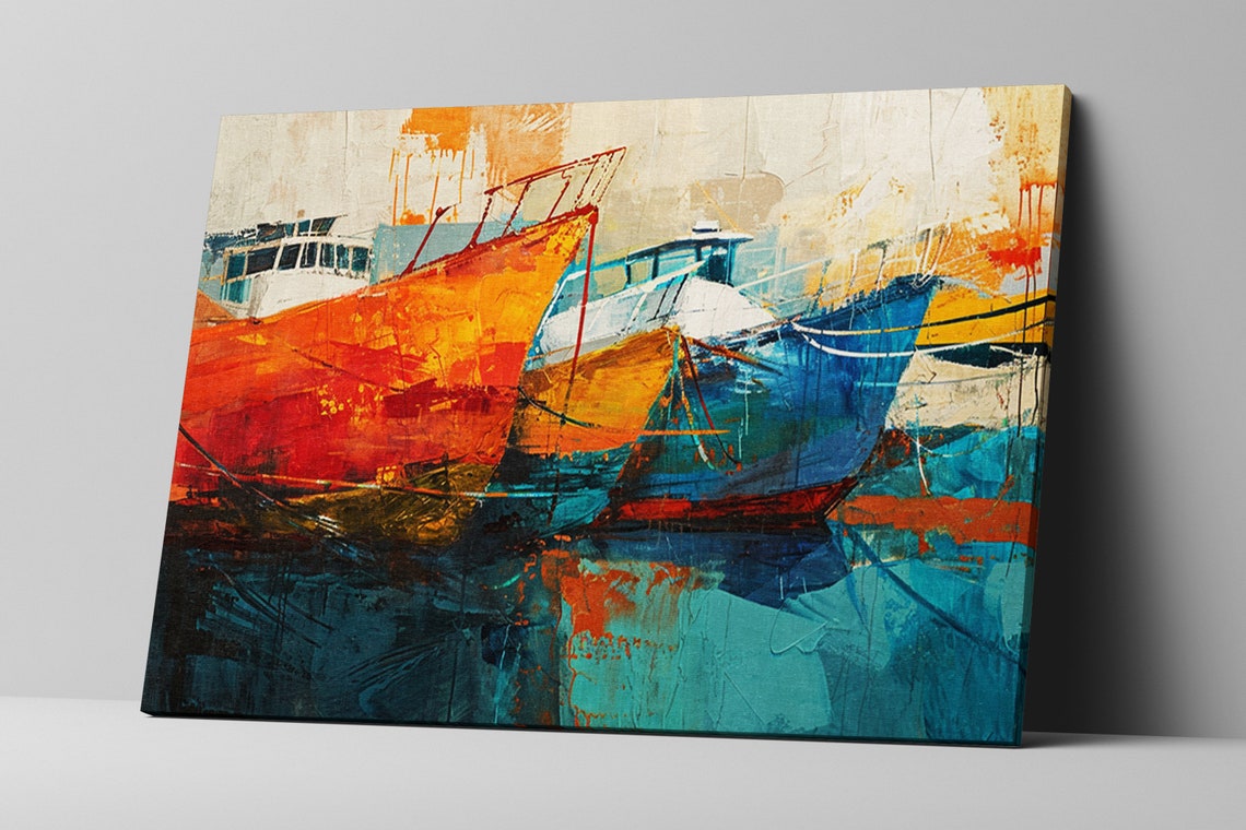 Abstract Colorful Harbor Boats Docked Orange Blue Hulls Wall Art - Image 5