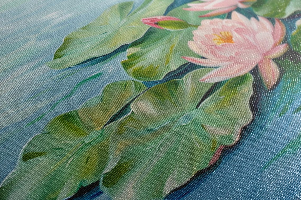Pastel Pink Water Lilies Soft Lotus Blossoms Blue Pond Floral Print - Image 2