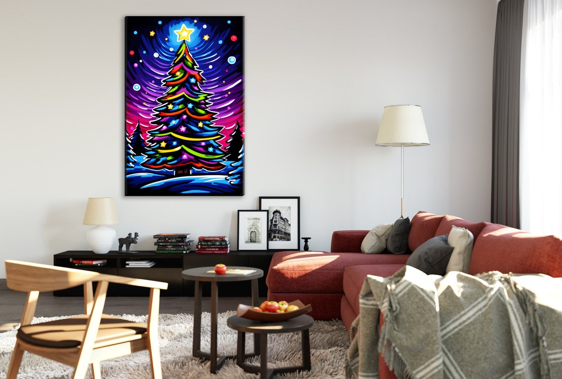Neon Pop Art Christmas Tree Rainbow Star Swirling Night Sky Art Poster - Image 3