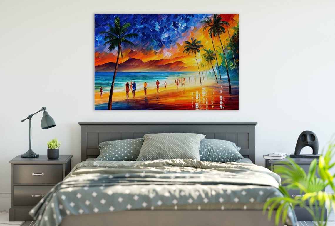 Hawaii Tropical Beach Sunset Palm Trees Beachgoers Island Poster - Image 2