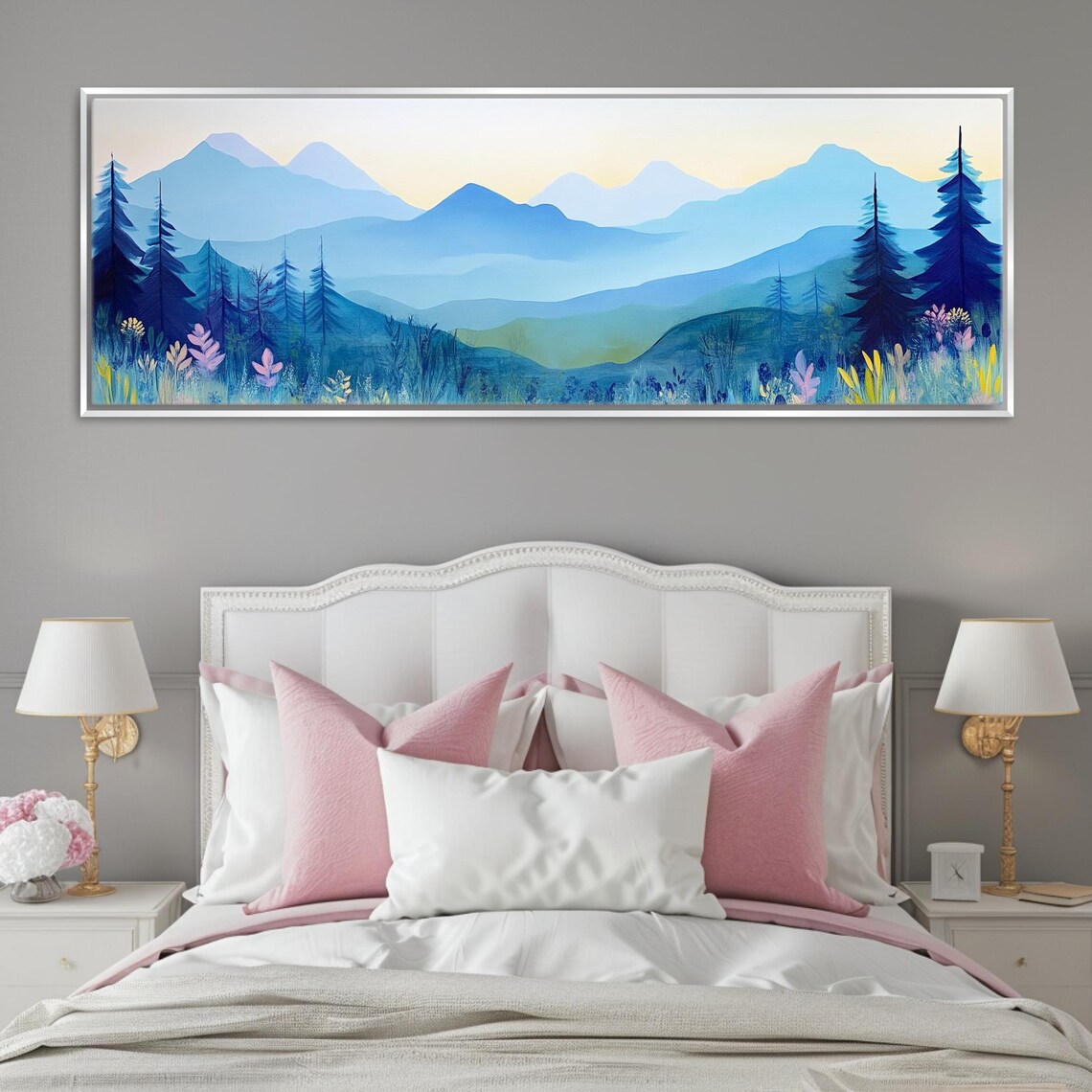 Panoramic Mid Century Boho Mountain Landscape Framed Unframed Long Horizontal Gallery Wrapped Ready To Hang Extra Large Wall Art - Image 4
