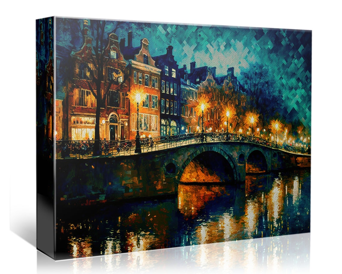 Amsterdam Canal Night Bridge Bikes Golden Lights Old Town Poster - Image 4