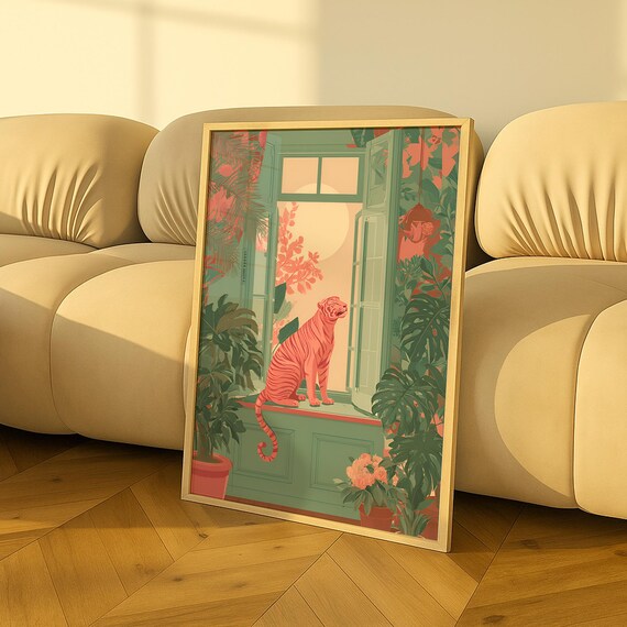 Pink Tiger Sitting on a Windowsill Tropical Botanical Art Poster