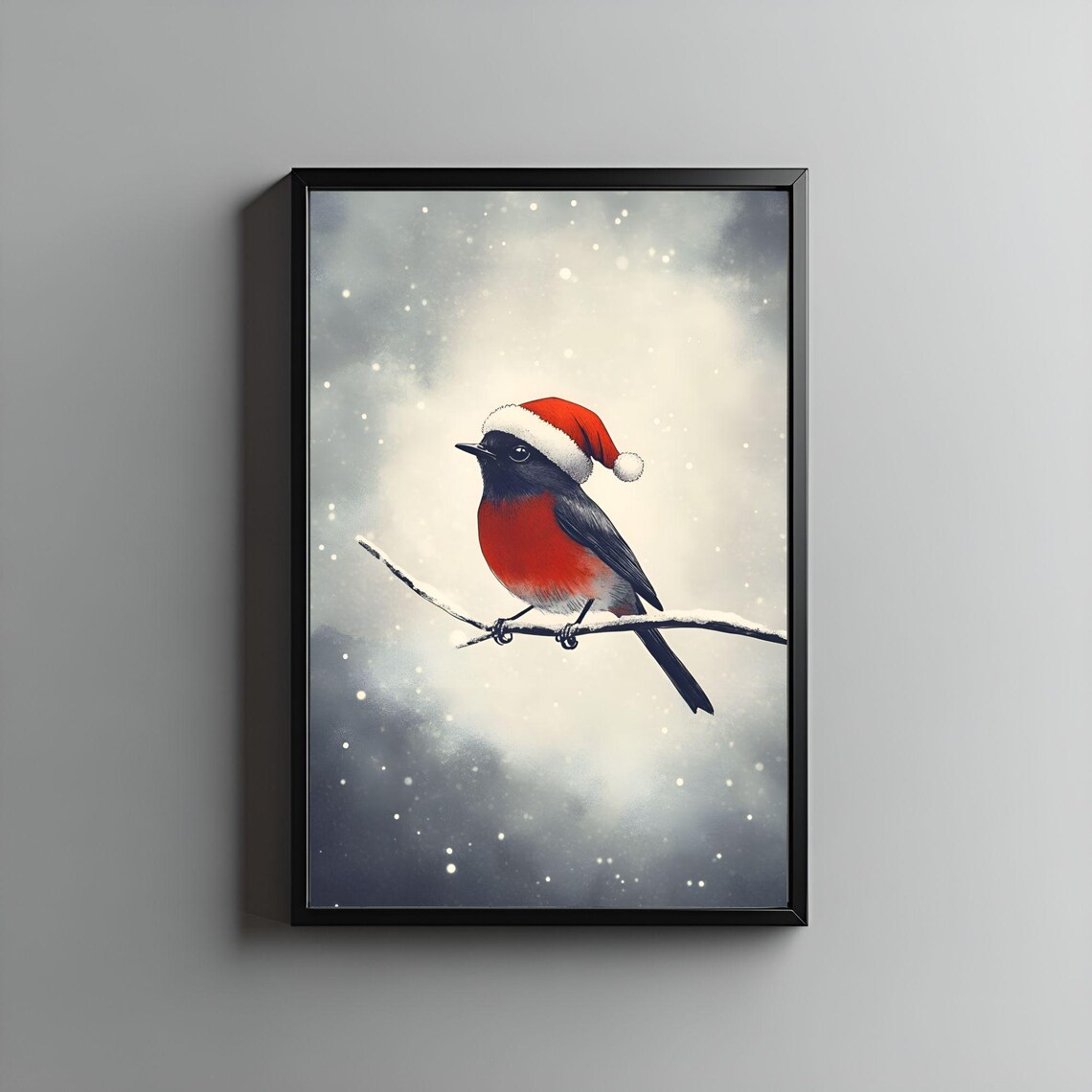 Sweet Christmas Robin in Santa Hat on a Snowy Winter Branch Poster
