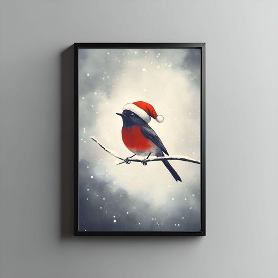 Festive Christmas Bird Wall Art Vintage Santa Hat Illustration Cozy Winter Holiday Decor For Home Or Office
