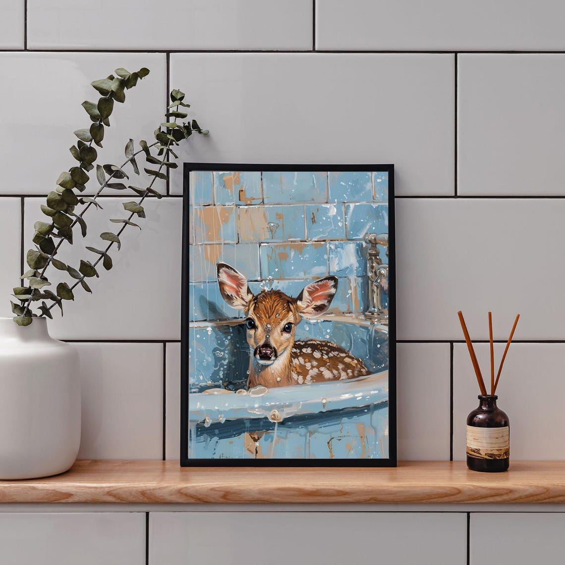 Adorable Spotted Fawn Taking a Bubble Bath Funny Bathroom Decor Poster