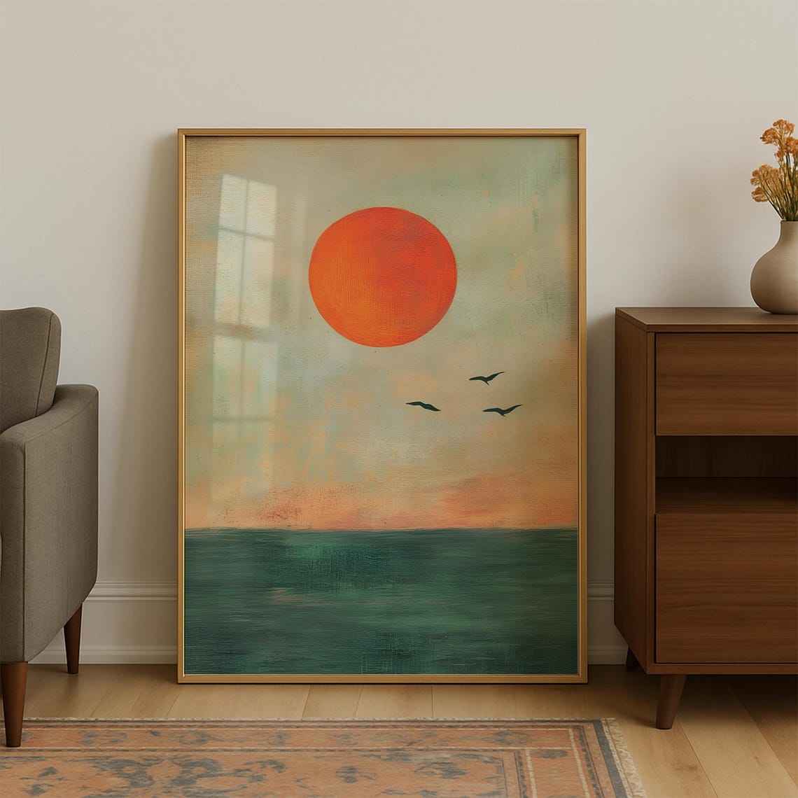 Rising Sun Over Teal Ocean Sage Green Japanese Art Style Poster