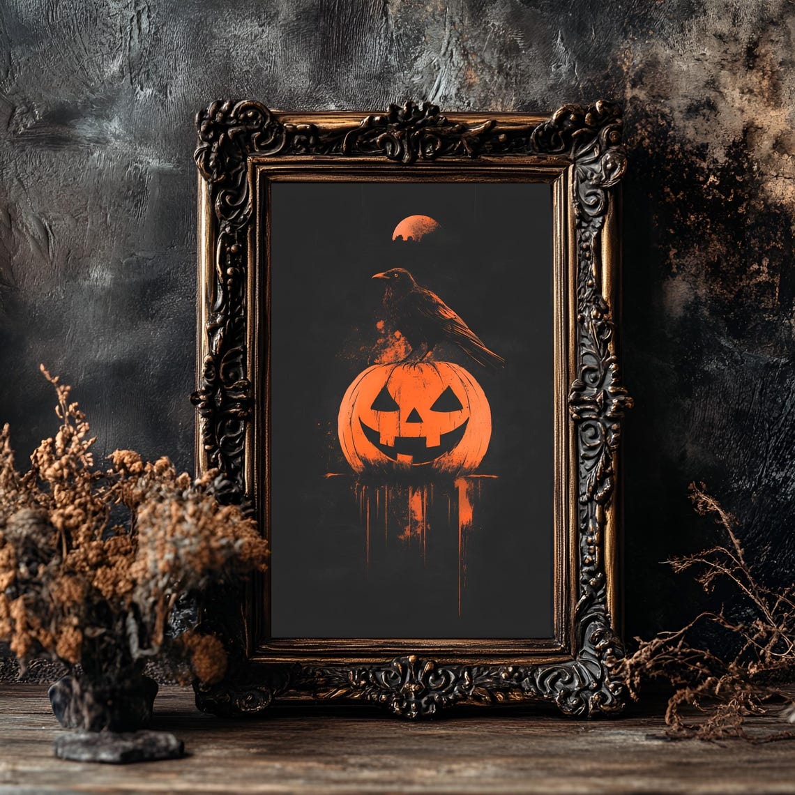 Black Raven on a Glowing Jack O Lantern Orange Moon Halloween Art Poster