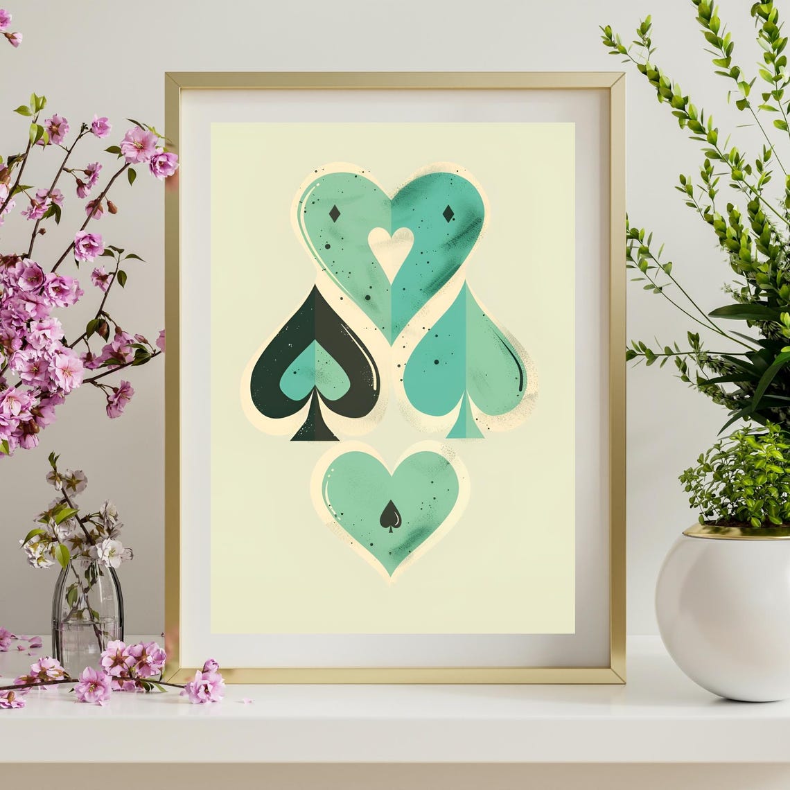 Retro Mint Green Hearts and Spades Card Suits Pattern Poster