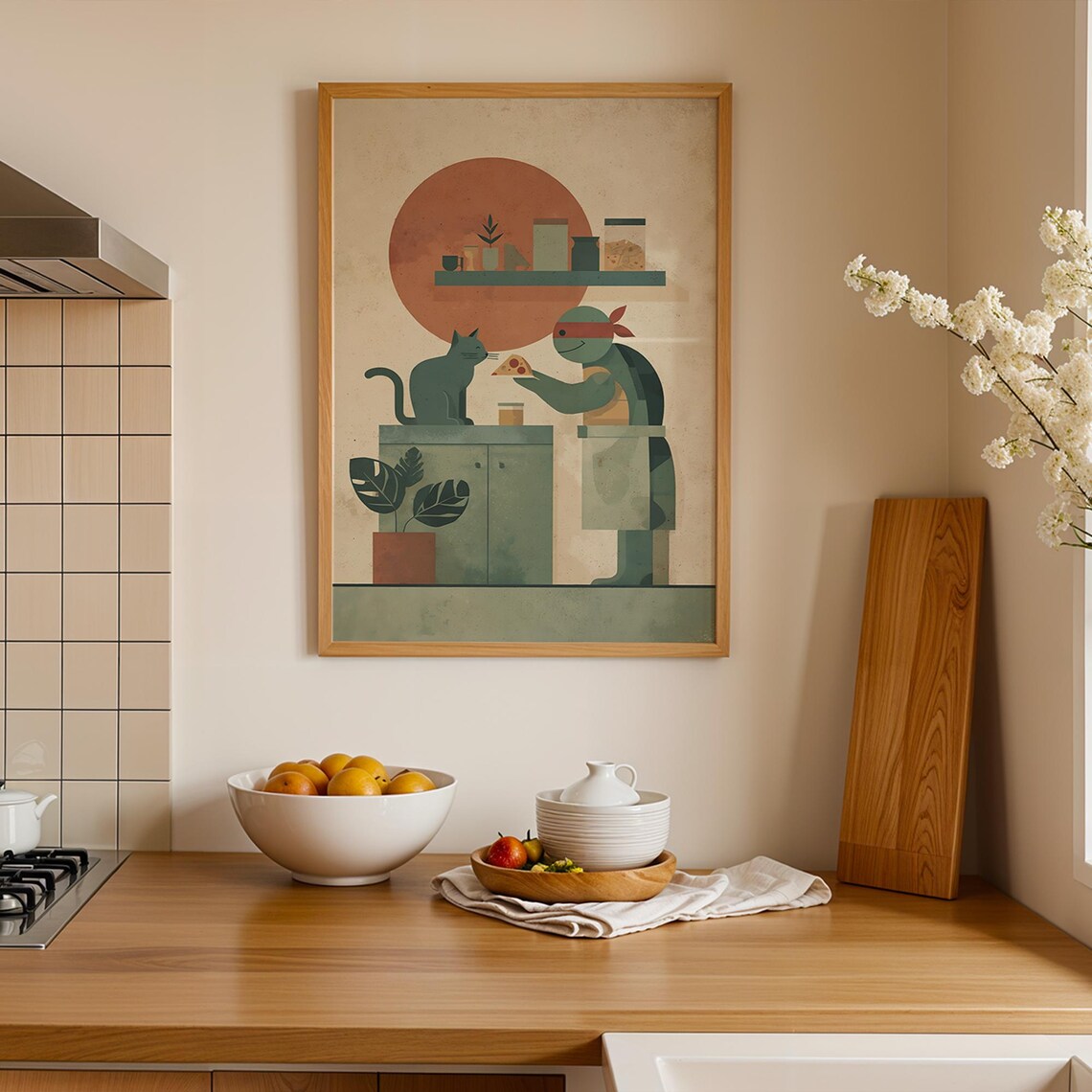 Kitchen Art Print With Cat And Ninja Turtles Food Wall Funny Gift