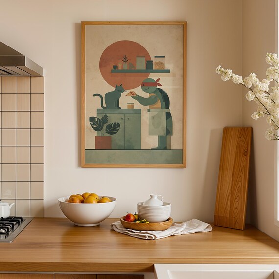 Ninja Turtle Chef Sharing Pizza With a Cat Retro Kitchen Poster