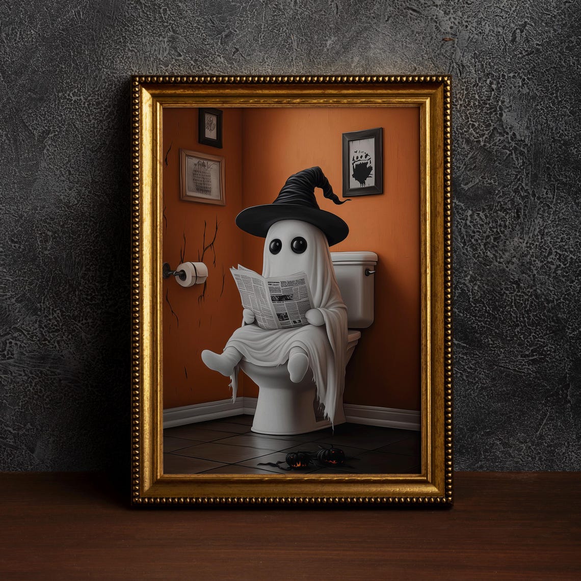 Cute Witch Hat Ghost Reading Newspaper Bathroom Halloween Poster