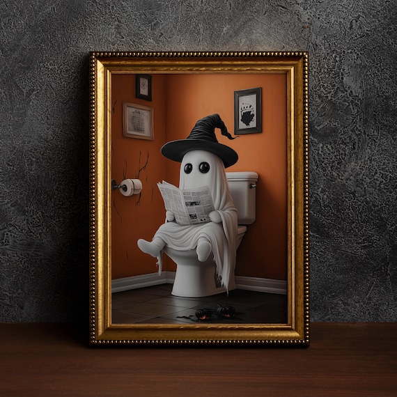 On Toilet Halloween Wall Artwhimsigoth Bathroom Decorghost In Bathroomhalloween Indoor Decorfunny Decorsingle Poster