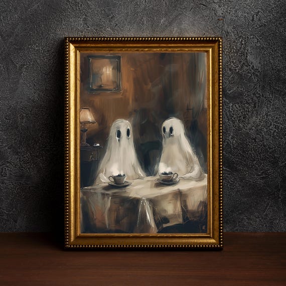 Two Cute Drinking Coffeeoil Paint Halloween Wall Art Oil Spooky Decorcoffee Artfall Decorfarmhouse Decorsingle Poster