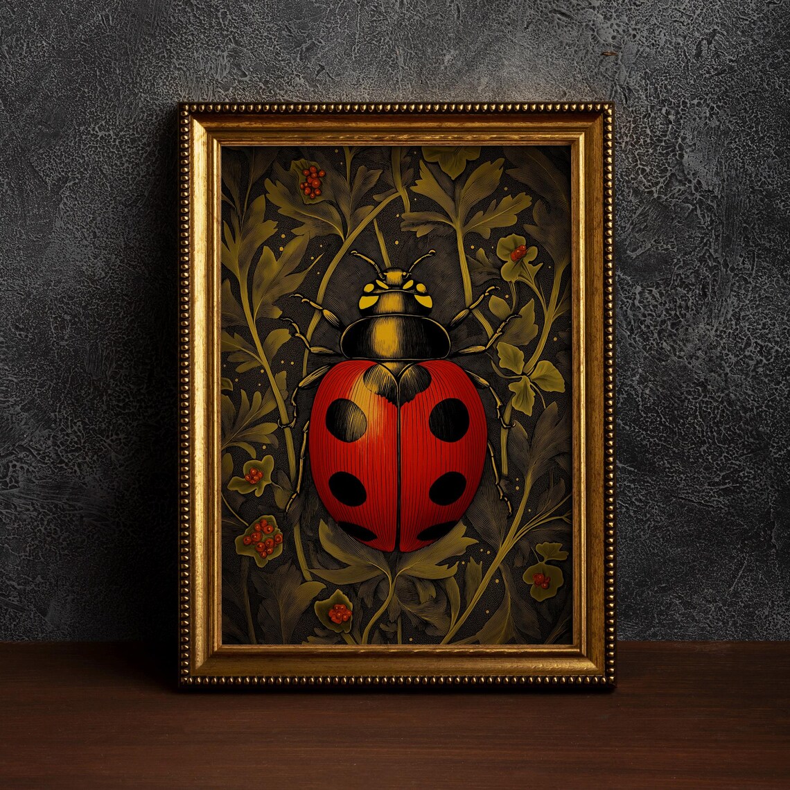William Morris-Inspired Ladybug Art Print, Gothic Decor