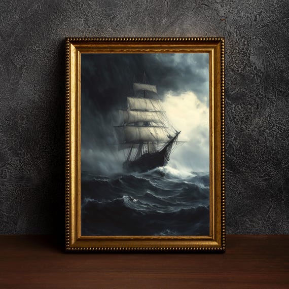 Oil Paint Stormy Sea Shipcoastal Ocean Dark Academia Decormoody Nautical Wall Artvintage Seascapemaritime Artmoody