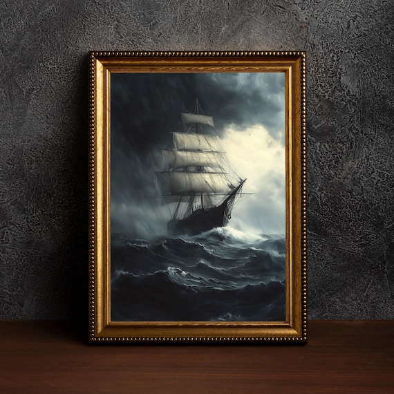 Stormy Sea Tall Ship Battling Waves Dark Nautical Wall Poster