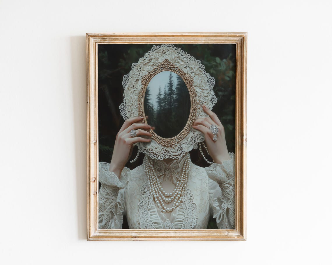 Victorian Lady Holding Lace Mirror Dark Academia Forest Art Print
