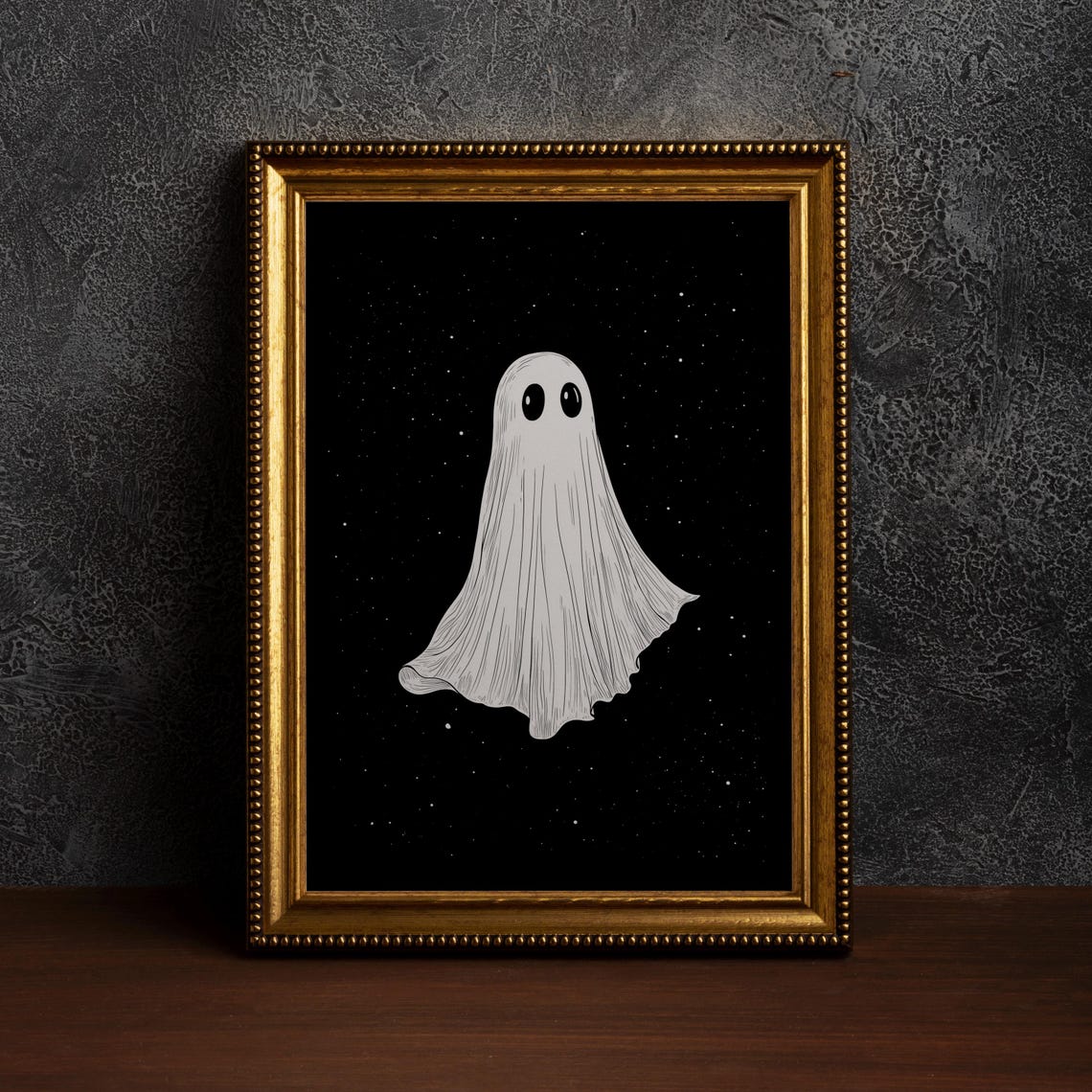 Minimal White Sheet Ghost Line Art on a Starry Black Night Poster